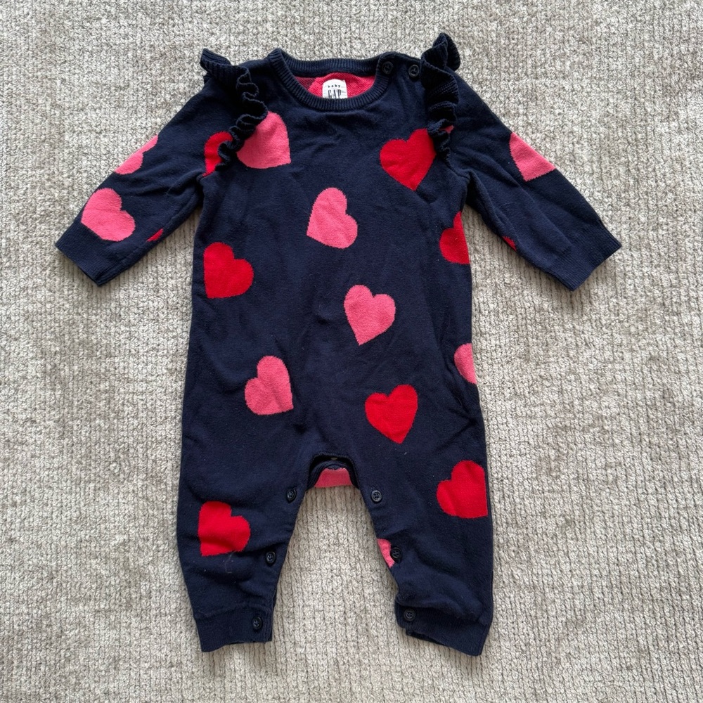 Baby Gap Heart Print Knit Romper 3–6 Months Navy Pink Ruffle